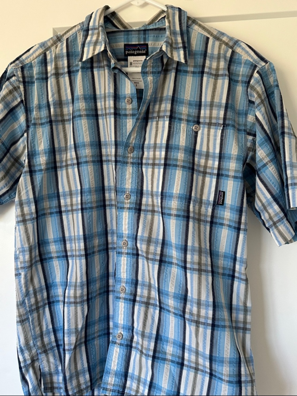 Men’s Patagonia Short-Sleeve Plaid Button-Down Shirt in Blue and White